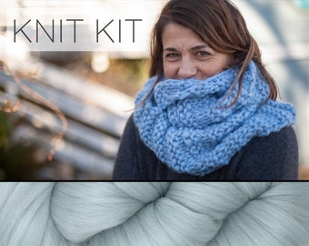DIY Merino Wool Cowl Knitting Kit - Soft and Thick #7 Weight Jumbo Yarn, Knitting Needles and Pattern. Beginner. Color: Abalone