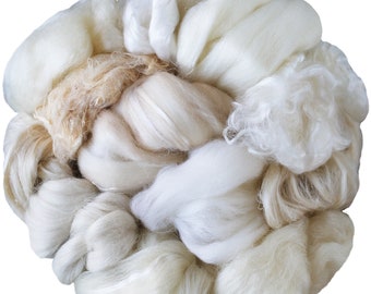 Grab Bag Fiber Whites - Assorted Merino Roving Ends & Mixed Fiber Mill Ends, Bulk Combed Top Fiber for Felting, Spinning, Blending