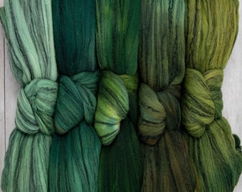 Merino Roving with Tencel. Supersoft Hand Dyed Combed Top for Spinning and Felting. Superfine Wool Blend with Variegated Colors. Greenery