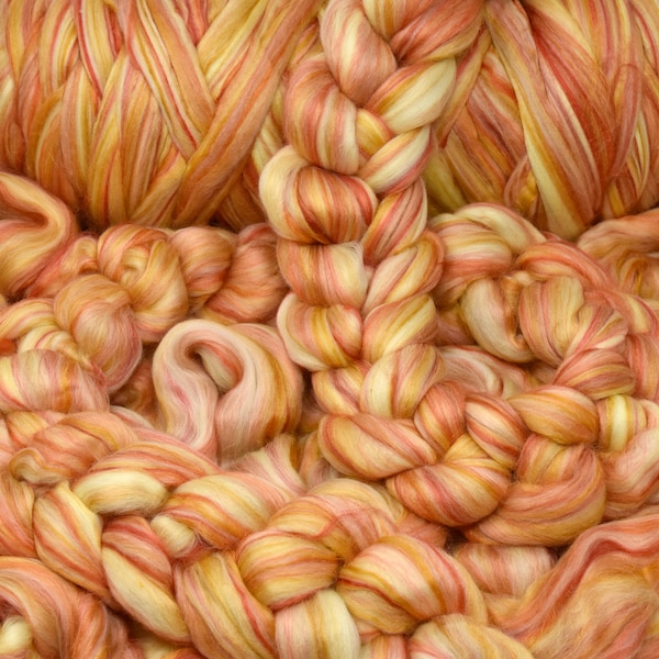 MERINO SILK LUXE Tonal Designer Blend. Superfine Merino, Mulberry Silk, Tussah Silk. Top Roving for Spinning or Felting. Golden Flame