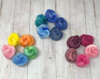 SAMPLER BFL Hand Dyed. 5 colors of wool. Super Soft Combed Top Roving Fiber for Felting, Spinning, Soap Making, Weaving, Embellishments