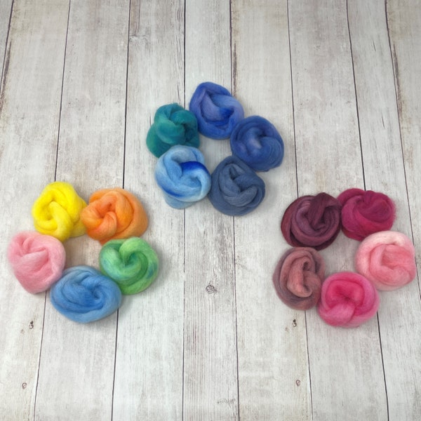 SAMPLER BFL Hand Dyed. 5 colors of wool. Super Soft Combed Top Roving Fiber for Felting, Spinning, Soap Making, Weaving, Embellishments