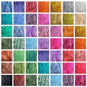 May include: A grid of 42 fabric swatches in various colors. The swatches have a textured, vertical striped pattern. Colors include blue, green, pink, orange, and brown. The fabric appears to be a woven material, possibly silk or a similar textile.