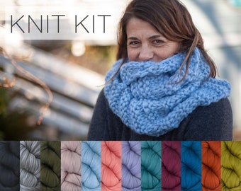 DIY Merino Wool Cowl Knitting Kit: Soft and Thick #7 Weight Jumbo Yarn, Knitting Needles and Pattern. Beginner. Soft, Cozy, Great for Gifts
