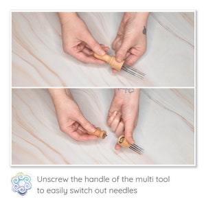 May include: A wooden multi-tool with multiple needles, shown in two stages of disassembly. The handle is unscrewed to switch out the needles. The text in the image reads: "Unscrew the handle of the multi tool to easily switch out needles."