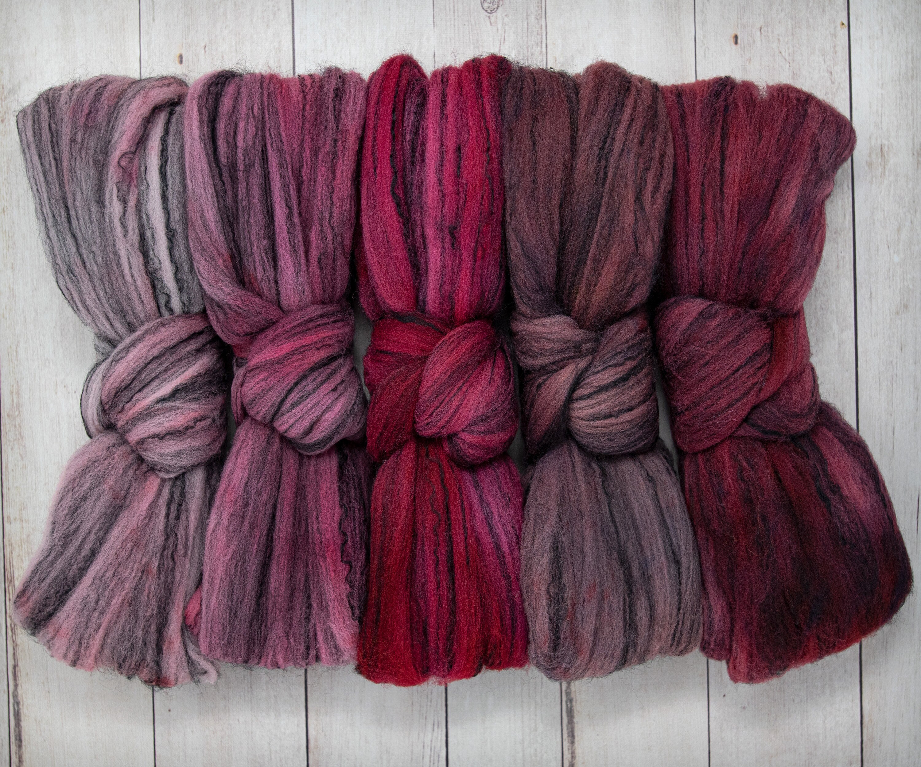 5 beautifully colored Mini Skeins DISCOUNT PACK Red Fire Blending and Weaving Super Soft Wool Top Roving drafted for Hand Spinning Felting HAND DYED Merino Tencel SPINNING FIBER 