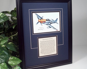 North American P-51 D Mustang  WWII Fighter with History, Framed art gift for Aviation lover.