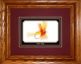 Yellow Humpy Dry Fly, framed gift art for fly fisherman, wall decor art for home or office