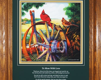 Wagon Wheel Cardinals with poem "To Mom With Love" great gift for mom, mother's day gift