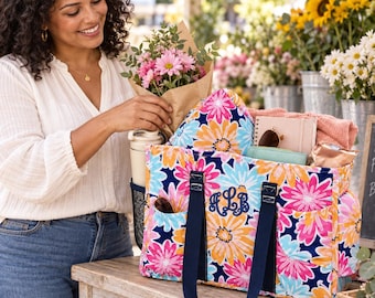 Personalized Floral Tote Bag, Monogram Utility Tote, Colorful Flower Travel Bag, Foam Puff Customization, Teacher Mom Gift, Flower Beach Bag