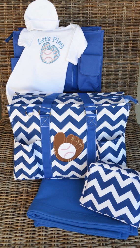 Items similar to Blue Chevron Baseball Diaper Bag New Mom Everyday Tote