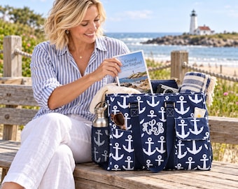 Anchor Embroidery Personalized Tote, Monogrammed Nautical Utility Tote, Navy Beach Bag, Large Teacher Work Tote, Boat Gift, Baby Shower Gift