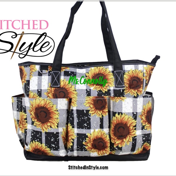 Sunflower Buffalo Plaid Caddy - Garden Tool Bag - Teacher Tote - Beach Pool Bag - Personalized Gifts with Embroidery - Gifts For Her -Summer