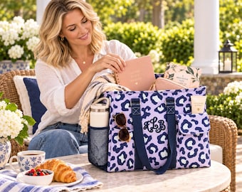 Personalized Purple Leopard Tote Bag, Monogrammed Everyday Organizer, 3D Puff Embroidered Animal Print Bag, Teacher Work Bag, Travel Beach