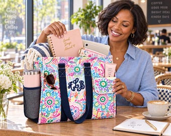 Vivid Botanical Floral Organizer, Custom Travel Beach Bag, Custom Embroidery Bag, Teacher Work Bag, Monogrammed Colorful Utility Tote,