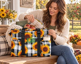 Sunflower Personalized Monogram Embroidery Tote, Buffalo Plaid Utility Fall Bag, Large Organizer Tote, Sunflower Gift for Her, Teacher Gift