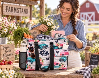 Personalized Farmhouse Tote, Monogrammed Vintage Truck Organizer Bag, 3D Puff Embroidery Country Bag, Farm Girl Gift, Everyday Teacher Tote