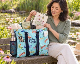 Dragonfly Personalized Tote Bag, Foam Puff or Embroidery Monogram Bag, Large Organizer, Teacher Mom Gift, Colorful Aqua Tote