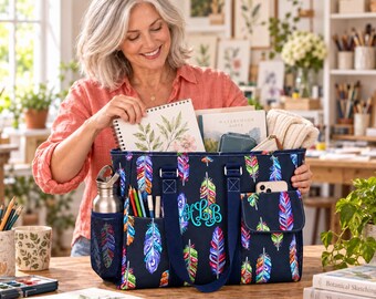 Custom Feather Tote, Embroidery Monogram Boho Organizer Bag, Colorful Feather Carryall, Teacher Work Bag, Travel Tote, Appreciation Gift
