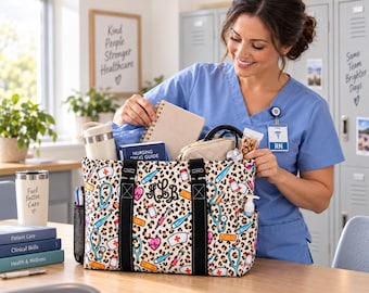 Medical Utility Tote, Colorful Leopard Print, Monogram Puff Embroidery, Nurse Graduation Gift, Nurse Work Tote, Nurse Appreciation Gift