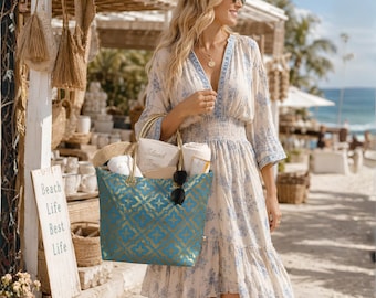 Summer Tote with Personalized Cosmetic Bag, Turquoise Gold Resort Carryall