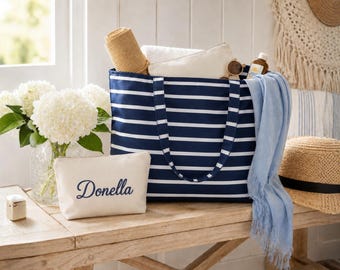 Navy Striped Pool, Lake, Beach Tote with Personalized Cosmetic Bag, Weekend Travel Carryall