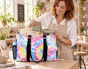 Personalized Tie Dye Tote, Monogram Embroidery Utility Tote, Colorful Teacher Bag, Large Organizer Tote, Travel Carryall, Gift for Her,