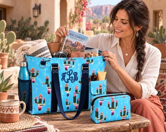 Cactus Personalized Tote, Serape Cactus, Southwestern Travel Bag, Monogram Embroidery Organizer, Puff Embroidery Western Gift for Her