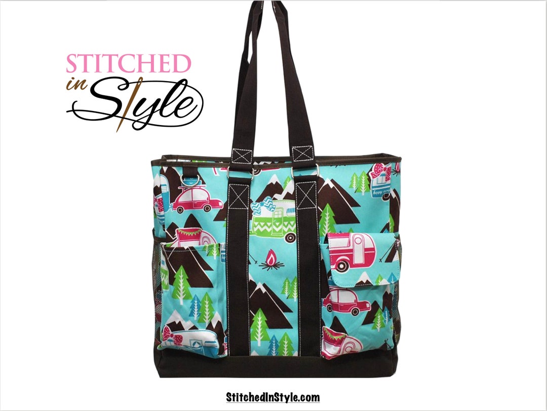 Happy Camper Themed XL Tall Tote Bag Camping Tote Outdoor Tote Bag