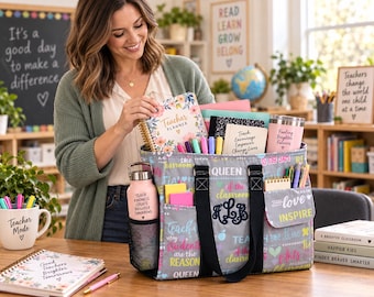 Teacher Organization Bag, Personalize Tote, Monogram Embroidery Work Purse, Teacher Appreciation Gift, Classroom Bag, Tutor Student Gift,