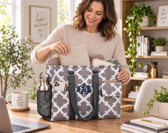 Personalized Gray Quatrefoil Organizer, Custom Monogram, 3D Puff Embroidery Tote, Teacher Work Bag, Travel Beach Tote, Student Book bag
