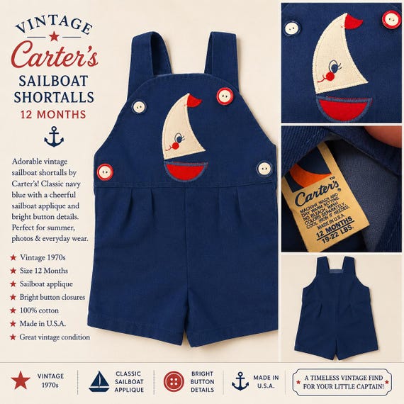 Vintage Carter’s Sailboat Shortalls Romper 12 Months