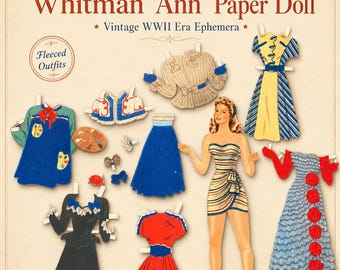 May include: Original 1942 Whitman 'Ann' Paper Doll vintage WWII era ephemera set featuring a paper doll figure and various outfits including dresses, a skirt, and a sweater with accessories like a palette, bows, and flowers on a cream background.