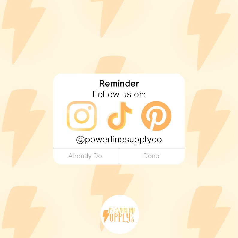 K&ouml;nnte beinhalten: Eine Erinnerung, Powerline Supply Co. in den sozialen Medien zu folgen. Die Grafik zeigt Symbole f&uuml;r Instagram, TikTok und Pinterest mit dem Text "@powerlinesupplyco" und "Reminder Follow us on:".