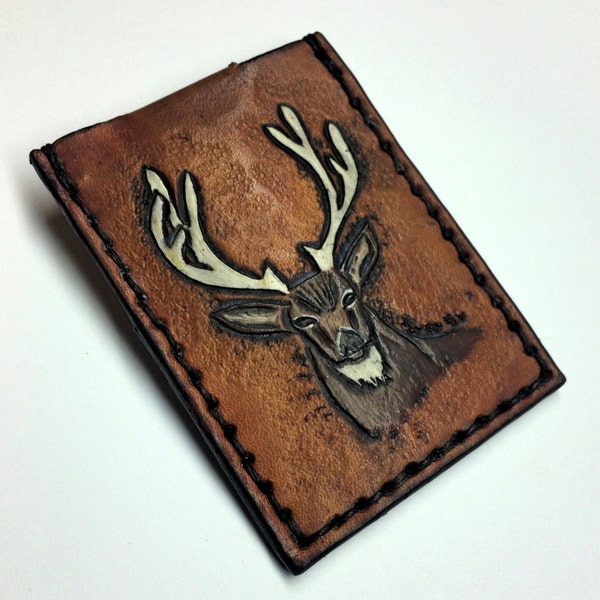 Leather Card Wallet with Mule Deer Design