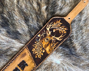 Mule Deer with Oak Leaves Custom Leather Shoulder Sling - Rustic Style
