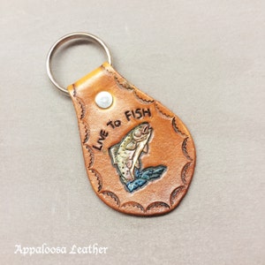 Leather &quot;Live to Fish&quot; Trout Salmon Keychain