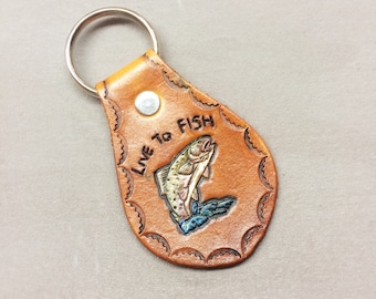 Leather "Live to Fish" Trout Salmon Keychain