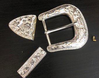 Silver Floral & Rope Edge Belt Buckle Set 1-1/2" (38 mm)