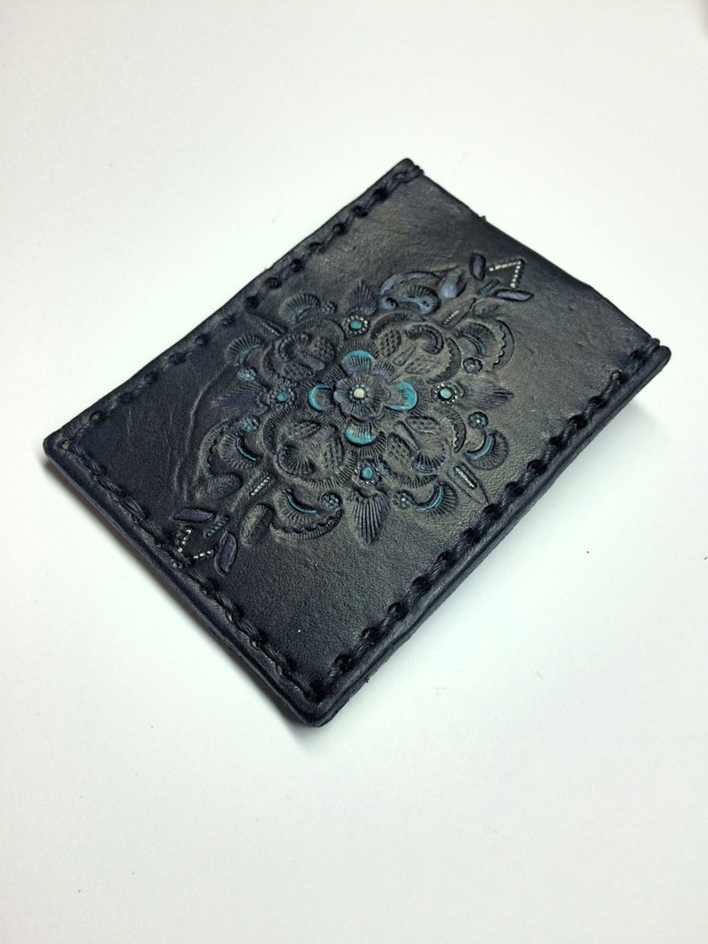 Tooled Leather Slim Card Wallet Leather Front Pocket Wallet Etsy