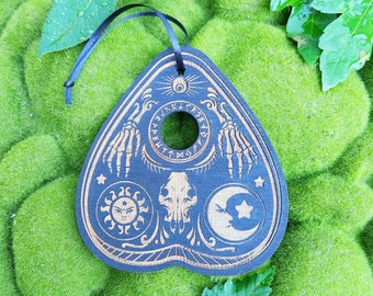 Planchette Ouija Board Witchy Ornament / Pagan Gift / Yule Tree Decor / Engraved Wood / Halloween Ornament / Rune Magic