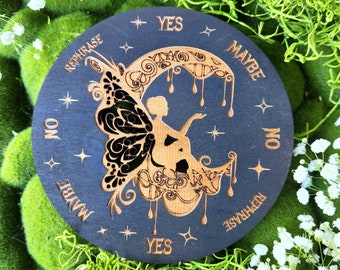 Fairy Moon Wood Pendulum Board / Laser Engraved Wood Altar Tile / Pagan Gift / Crescent Moon Butterfly Divination Tool / Scrying / Dowsing