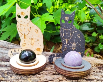 Magic Cat Sphere Holder / Laser Engraved Wood Altar Decor / Crystal Display Stand / Pagan Gift / Witchy Ornament