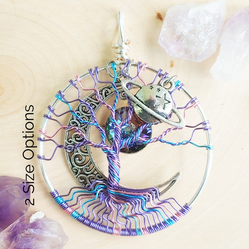 Pastel Galaxy Tree of Life Pendant / Space Jewelry / Celestial Necklace / Saturn Wire Wrapped Jewelry / Moon Necklace / Witchy Gifts for Her imagen 2