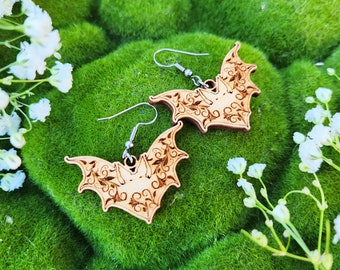 Bat Laser Engraved Wood Earrings / Laser Cut Dangle Earrings / Halloween Jewelry / Witchy