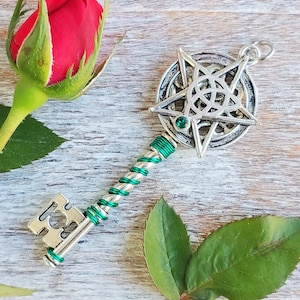 Pentacle Key Pendant / Wiccan Jewelry / Pagan Jewelry Emerald