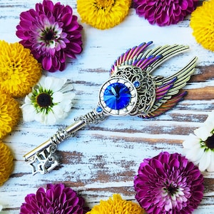 Blue Moon Skeleton Key Pendant / Witch Fantasy Key / Altar Tool / Pagan Jewelry