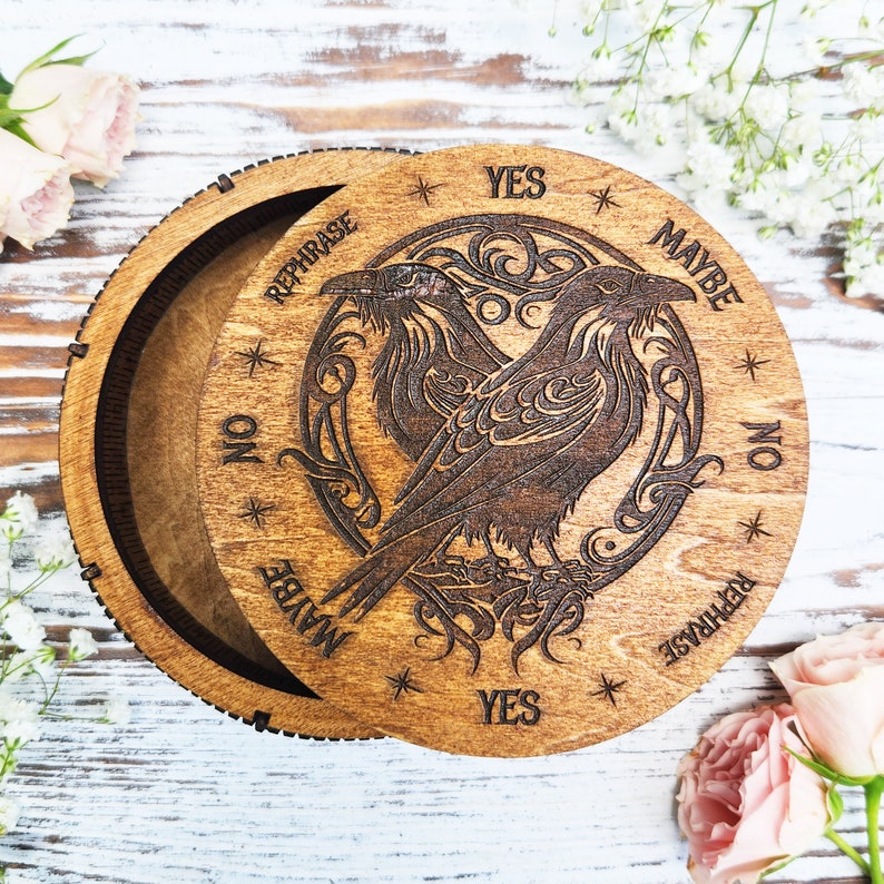 Raven Pendulum Board Box/Altar Tile/Divination Tool/Jewelry Box/Witch Tool/Wooden Box / Odin Norse God / Huginn and Muninn image 1