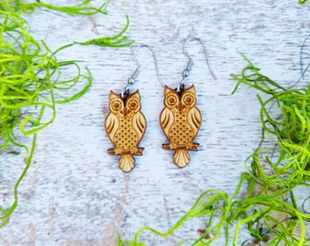 Horned Owl Laser Engraved Wood Earrings / Laser Cut Dangle Earrings