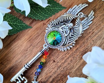 Iris Goddess of Rainbows Fantasy Key / Witch Pendant / Pagan Jewelry / Altar Decor / Skeleton Key Necklace